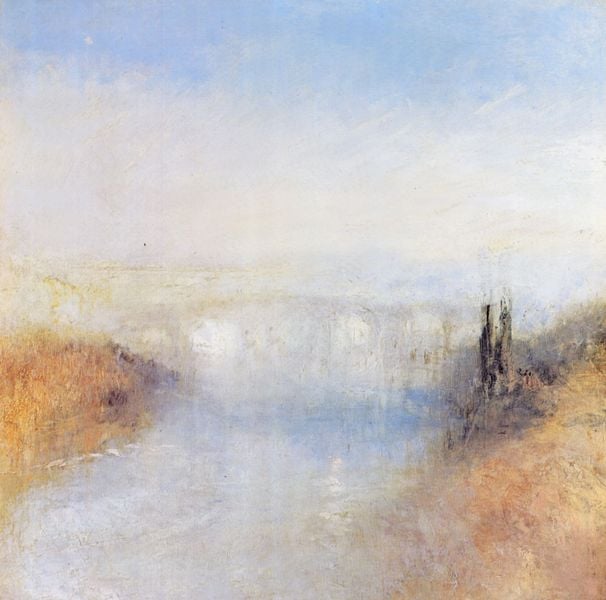 Ein von einem Hügel gesehener Fluss. by William Turner. 1840–1845. Motifs recorded: river, sky, bridge, blue, water, clouds, grass, white.