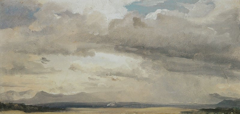 Blick über einen bayerischen See. by Karl Rottmann. 1842–1844. Motifs recorded: berge, himmel, wolken, grau, landschaft, blau, gebirge, nebel.
