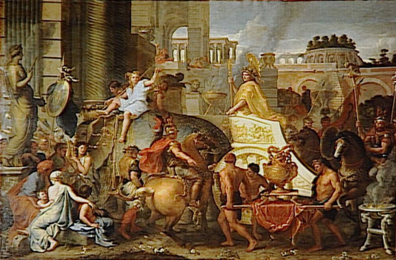 Der Einzug Alexander des Großen in Babylon. by Charles Le Brun. 1670–1675. Motifs recorded: gold, männer, wagen, schild, frauen, reiter, säulen, feuer.