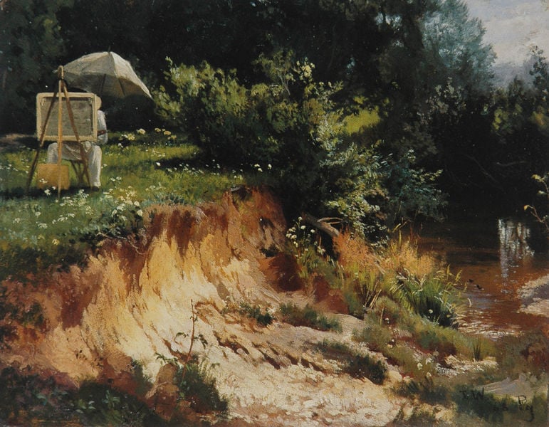 Adolf Heinrich Lier beim Malen an der Kalter. by Josef Wenglein. 1868. Motifs recorded: staffelei, maler, schirm, wasser, wiese, sonnenschirm, grün, fluss.