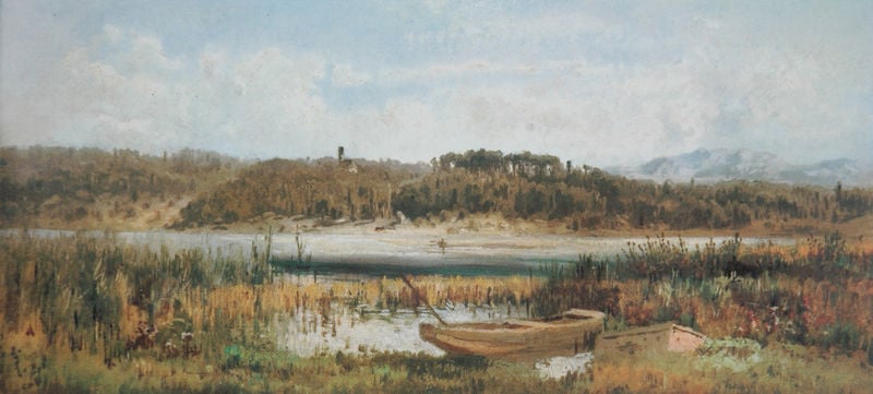 An der Isar bei Lenggries. by Dietrich Langko. 1874–1876. Motifs recorded: boot, landschaft, fluss, wolken, himmel, ufer, wasser, schilf.
