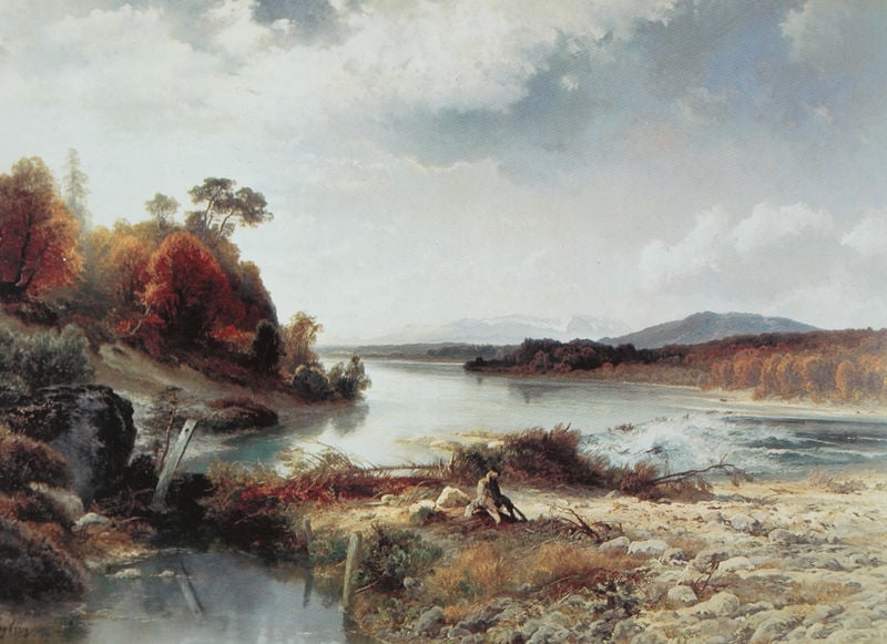 An der Isar bei Lenggries. by Josef Wenglein. 1879–1881. Motifs recorded: bäume, landschaft, wolken, wasser, himmel, ufer, herbst, berge.