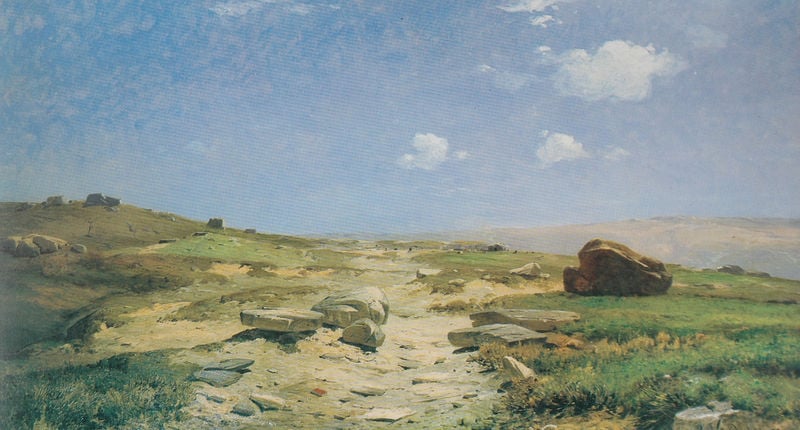 Die Saualpe in Kärnten. by Ludwig Willroider. 1882. Motifs recorded: landschaft, weg, blau, grün, himmel, gras, wolken, steine.