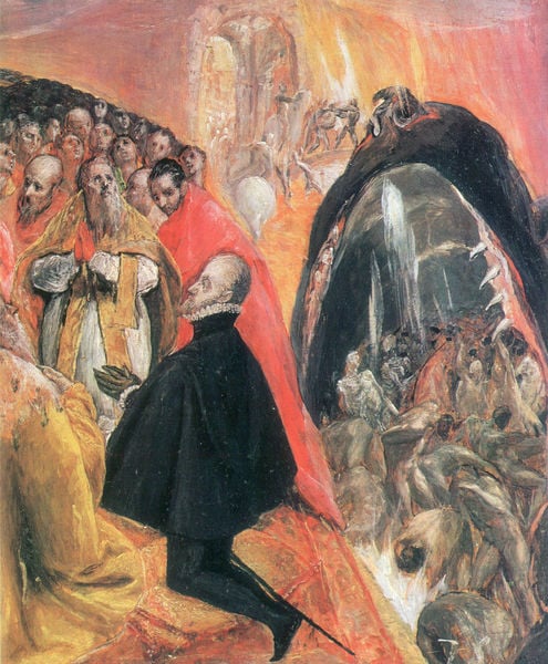 Allegorie des Heiligen Bundes (Der Traum Philipps II.; Anbetung des Namen Jesu; die Verherrlichung des Greco; das Jüngste Gericht), Detail. by El Greco. 1579. Motifs recorded: rot, schwarz, hölle, beten, tor, gelb, priester, umhang.