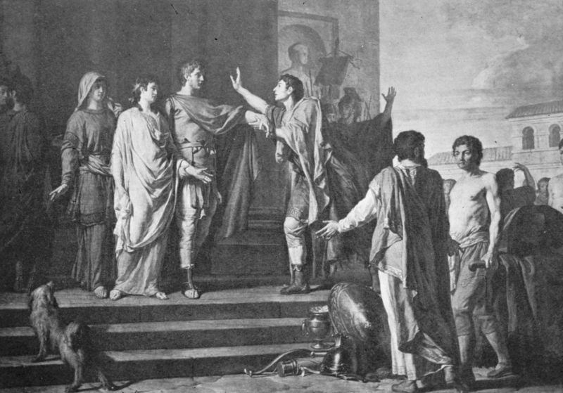 Die Enthaltsamkeit des Scipio. by Nicolas-Guy Brenet. 1789. Motifs recorded: hund, männer, umhang, stufen, treppe, frauen, menschen, schild.