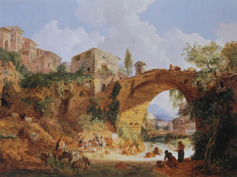 An der Ponte Salaro vor Rom. by Heinrich Bürkel. 1832. Motifs recorded: brücke, esel, frauen, fluss, wolken, bogen, waschen, ziegen.