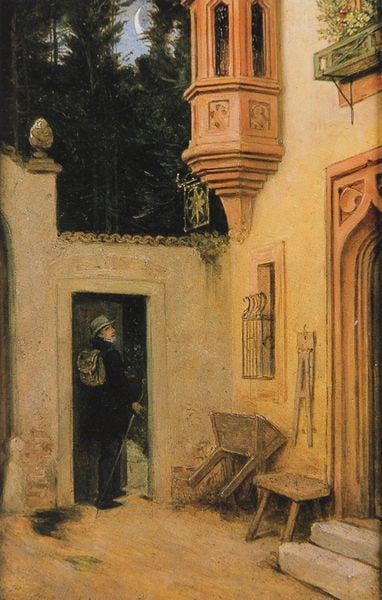 Abschied im Morgengrauen. by Moritz von Schwind. 1859. Motifs recorded: rucksack, mann, haus, hut, wald, tür, stock, erker.