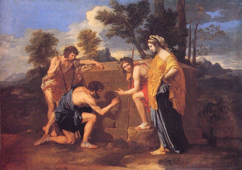 Die arkadischen Hirten/Et in Arcadia ego. by Nicolas Poussin. 1647. Motifs recorded: männer, bäume, stein, frau, poussin, wolken, grab, landschaft.
