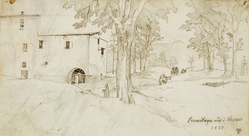 Die Eremitage auf dem Vesuv. by Friedrich Preller. 1830. Motifs recorded: haus, bäume, zeichnung, eremitage, fenster, landschaft, pferd, baum.