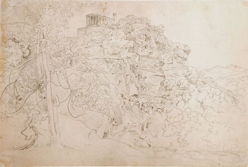 Der Sibyllentempel bei Tivoli. by Heinrich Reinhold. 1820–1821. Motifs recorded: berg, zeichnung, tempel, baum, landschaft, säulen, fels, kirche.