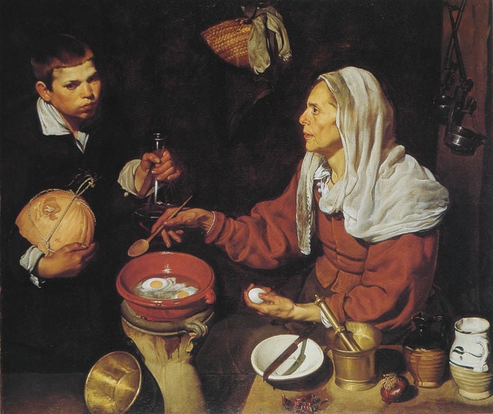 Alte Frau beim Eierbraten. by Diego Rodríguez de Silva y Velázquez. 1618. Motifs recorded: frau, junge, rot, korb, mörser, eier, krug, messer.