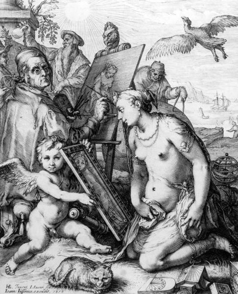 Allegorie des Gesichtssinnes mit Venus (Maler und Modell). by Jan Saenredam. 1610. Motifs recorded: maler, vogel, katze, spiegel, frau, engel, akt, nackt.