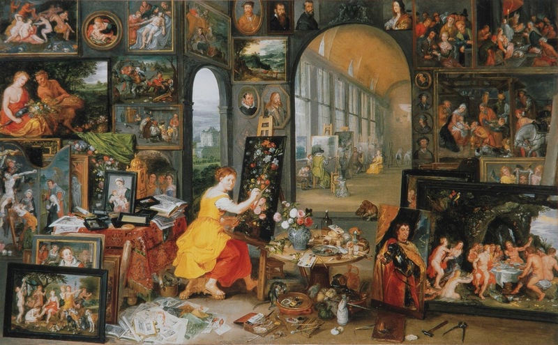 Allegorie der Malerei. by Jan Brueghel, der Jüngere. 1624–1626. Motifs recorded: frau, gelb, atelier, kleid, malerin, bilder, blumen, künstlerin.