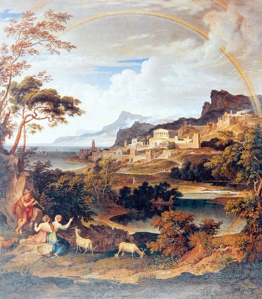 Heroische Landschaft mit Regenbogen. by Joseph Anton Koch. 1824. Motifs recorded: ziegen, regenbogen, see, stadt, bäume, himmel, berge, wolken.