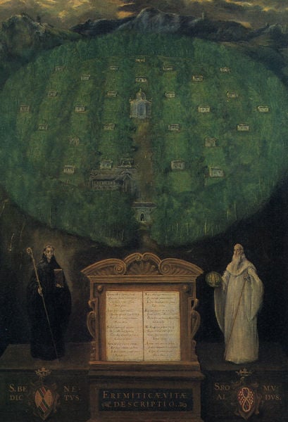 Allegorie des Ordens der Kamaldulenser. by El Greco. 1597. Motifs recorded: grün, buch, schwarz, wappen, stab, häuser, inschrift, schrift.