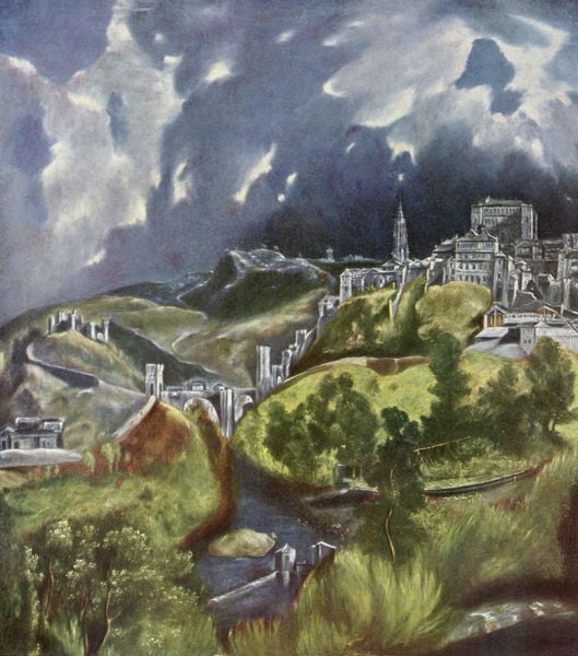 Ansicht von Toledo. by El Greco. 1595–1610. Motifs recorded: grün, wolken, stadt, bäume, fluss, blau, landschaft, himmel.