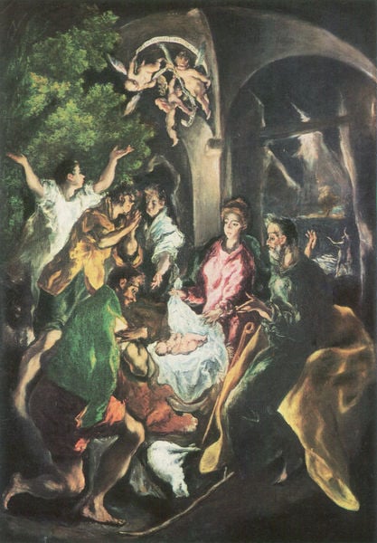 Die Anbetung der Hirten. by El Greco. 1605. Motifs recorded: engel, licht, maria, baum, stall, geburt, josef, rot.