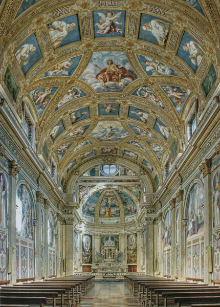 Ausmalung des Kirchenraumes (Innenansicht). by Daniele Crespi. 1629. Motifs recorded: kirche, engel, altar, bänke, gold, decke, gewölbe, gott.