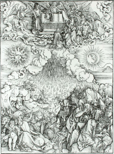 Apokalypse - Die Eröffnung des fünften und sechsten Siegels. by Albrecht Dürer. 1497–1498. Motifs recorded: sonne, mond, engel, himmel, wolken, menschen, sterne, stich.