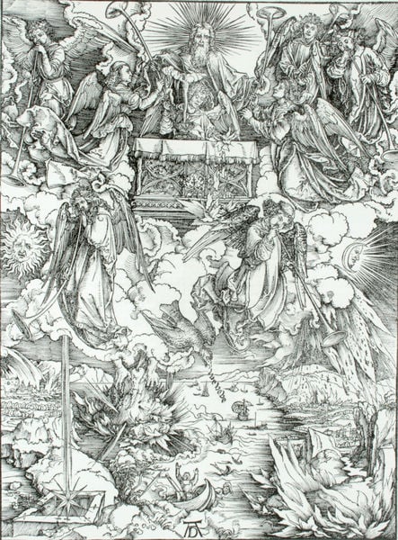 Apokalypse - Die sieben Posaunenengel. by Albrecht Dürer. 1496–1497. Motifs recorded: engel, gott, sonne, mond, dürer, wolken, wasser, druck.