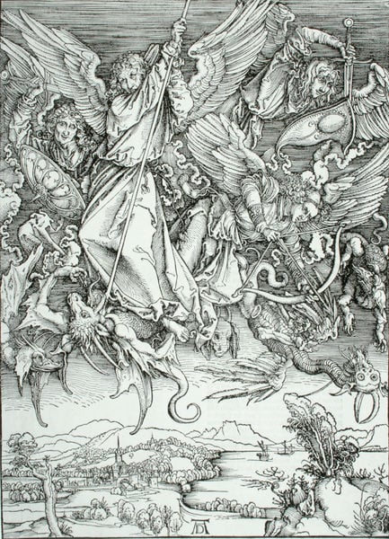 Apokalypse - Michaels Kampf mit dem Drachen. by Albrecht Dürer. 1497–1499. Motifs recorded: engel, kampf, himmel, schwert, dürer, drachen, teufel, landschaft.