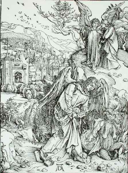 Apokalypse - Der Engel mit dem Schlüssel zum Abgrund. by Albrecht Dürer. 1497–1498. Motifs recorded: engel, dürer, stadt, schlüssel, stich, vögel, tor, baum.