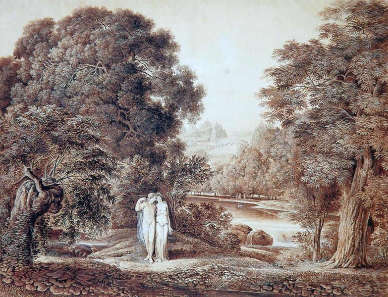 Klassische Flusslandschaft mit Liebespaar. by Joseph Anton Koch. 1793. Motifs recorded: bäume, frau, paar, see, mann, nackt, landschaft, wasser.