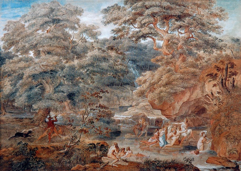 Landschaft mit Diana und Aktäon. by Joseph Anton Koch. 1797. Motifs recorded: nude, trees, water, frauen, bäume, landschaft, baden, fluss.