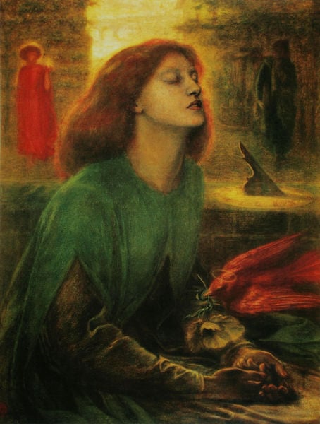 Beata Beatrix. by Dante Gabriel Rossetti. 1863. Motifs recorded: rot, grün, vogel, frau, licht, blume, gebet, haare.