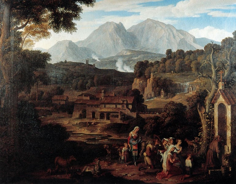 Das Kloster S. Francesco di Civitella mit Kreuzwegstationen. by Joseph Anton Koch. 1814. Motifs recorded: berge, landschaft, menschen, kapelle, mountains, landscape, trees, kinder.