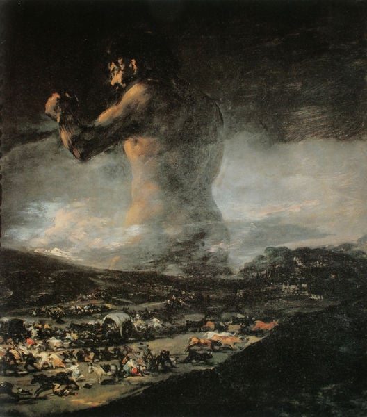 Der Koloß. by Francisco de Goya. 1802–1812. Motifs recorded: riese, krieg, nackt, berge, landschaft, goya, schwarz, himmel.