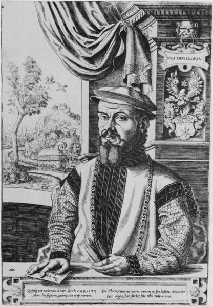 Bildnis des Johannes Thaw. by Hanns Lautensack. 1535–1564. Motifs recorded: vorhang, mann, bart, hut, baum, fenster, brief, wappen.