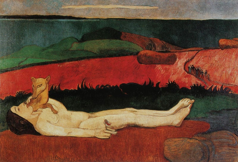 Der Verlust der Jungfräulichkeit. by Paul Gauguin. 1891. Motifs recorded: red, woman, people, green, nude, dog, sky, naked.