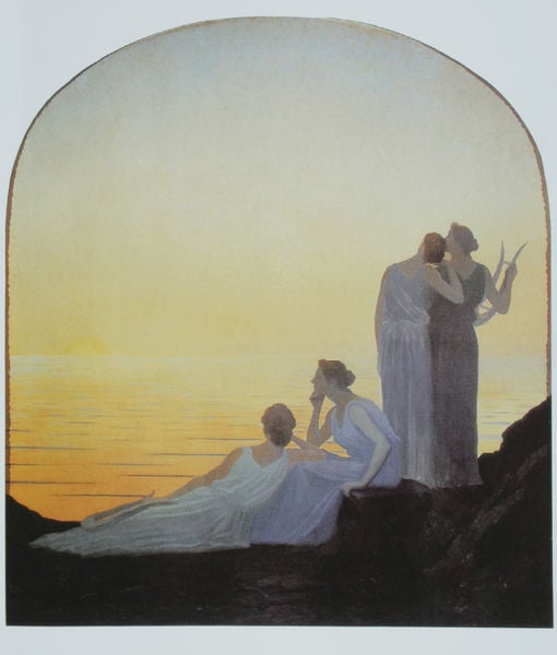Antike Abendlandschaft. by Alphonse Osbert. 1908. Motifs recorded: frauen, sonnenuntergang, gelb, leier, meer, kleider, sonne, harfe.