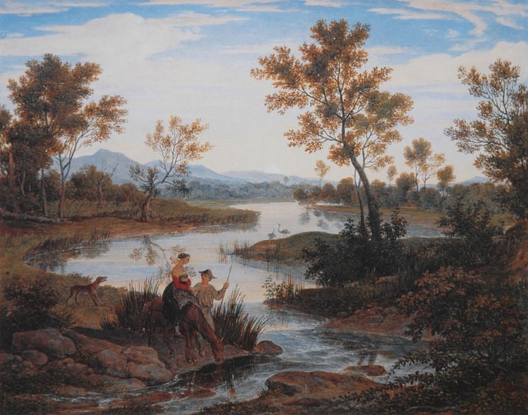 Am Ursprung des Clitunno. by Joseph Anton Koch. 1824–1826. Motifs recorded: bäume, fluss, berge, ufer, himmel, landschaft, frau, mann.