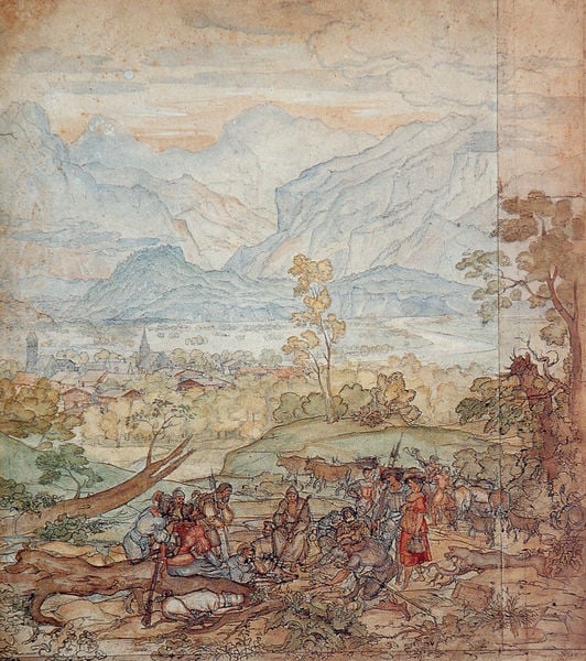 Aarelandschaft mit Mönch und Jungfrau und dem predigenden Nikolaus von der Flüe. by Joseph Anton Koch. 1834. Motifs recorded: dorf, landschaft, berge, bäume, menschen, gebirge, wolken, stadt.