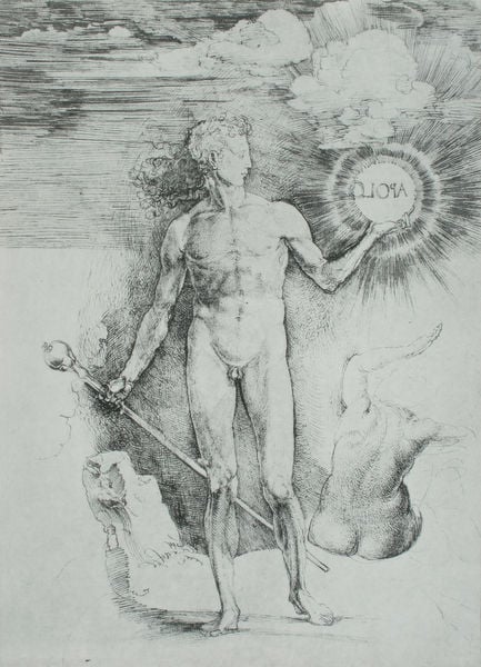 Apollo. by Albrecht Dürer. 1501–1502. Motifs recorded: stab, sonne, nackt, mann, himmel, zeichnung, rücken, wolken.