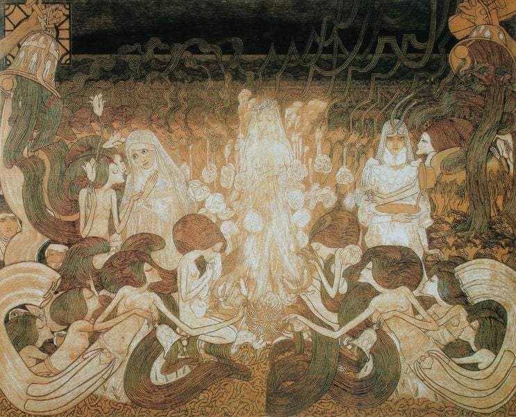 Die drei Bräute. by Jan Toorop. 1893. Motifs recorded: jugendstil, frauen, grün, haare, schleier, nackt, blumen, weiss.