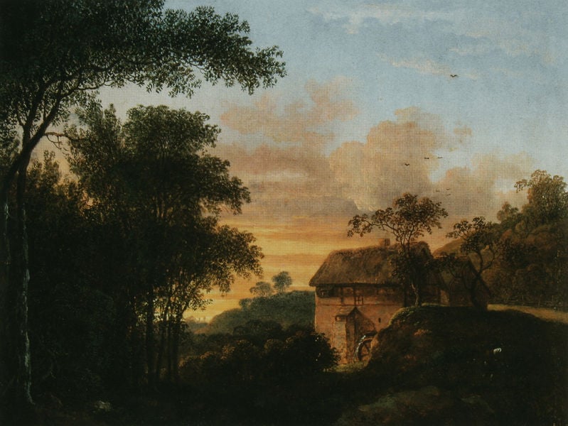 Abendlanschaft. by Friedrich Christian Klaas. 1767–1827. Motifs recorded: landschaft, mühle, bäume, himmel, haus, wolken, wald, vögel.