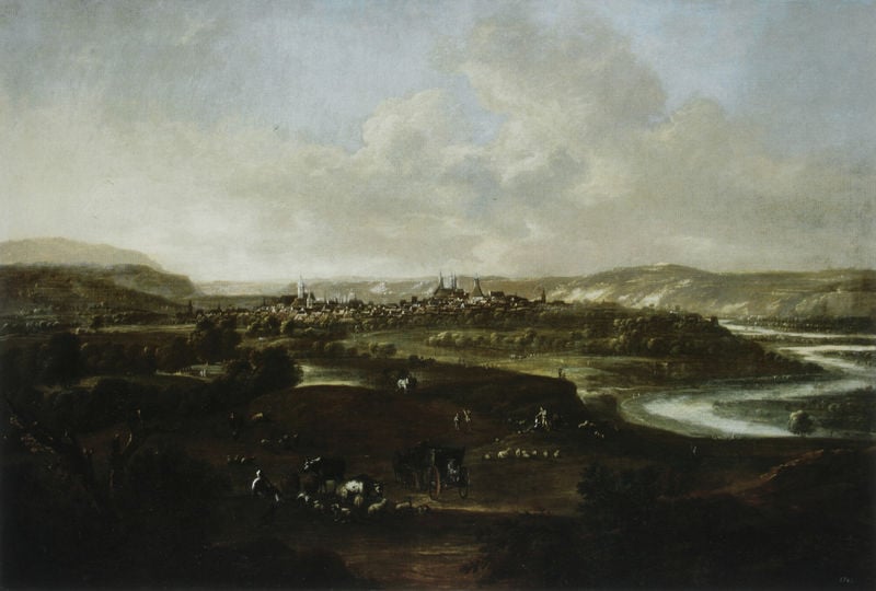 Ansicht von Naumburg an der Saale. by Johann Alexander Thiele. 1726. Motifs recorded: stadt, landschaft, himmel, fluss, wolken, hügel, tiere, kutsche.
