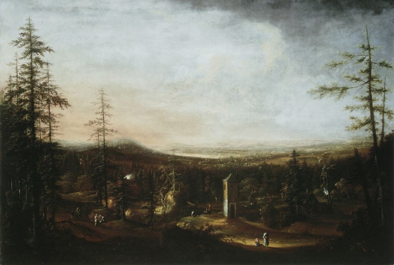 Ausblick vom Mückentürmchen nach Sachsen. by Johann Alexander Thiele. 1740. Motifs recorded: landscape, trees, sky, tower, people, clouds, tree, forest.