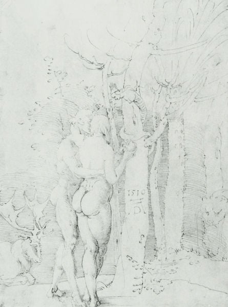 Adam und Eva. by Albrecht Dürer. 1510. Motifs recorded: schlange, eva, adam, zeichnung, baum, nackt, hirsch, apfel.