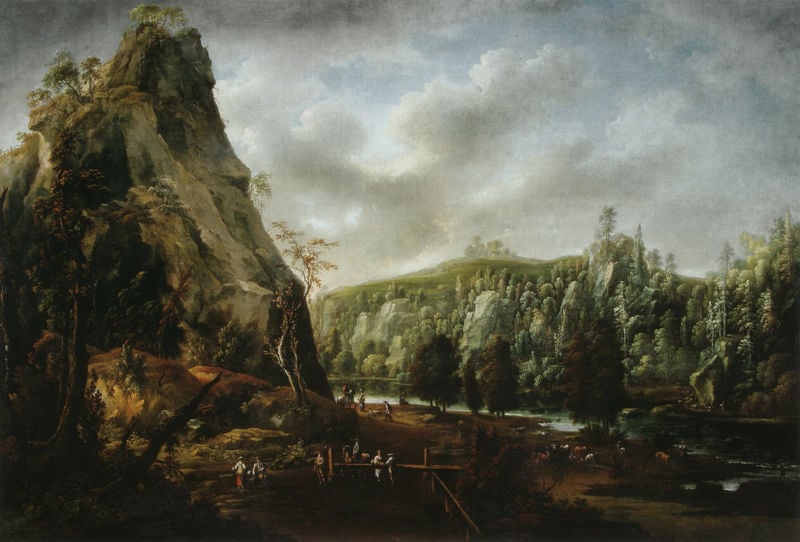 Der Plauensche Grund. by Johann Alexander Thiele. 1741. Motifs recorded: fluss, bäume, wald, menschen, felsen, grün, berg, wolken.