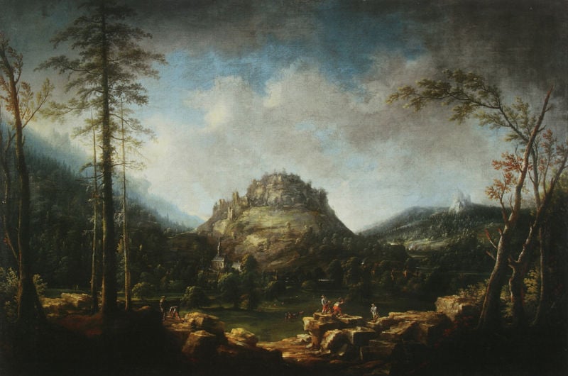 Der Oybin im Zittauer Gebirge. by Johann Alexander Thiele. 1745. Motifs recorded: himmel, berg, kirche, menschen, landschaft, wolken, bäume, wald.