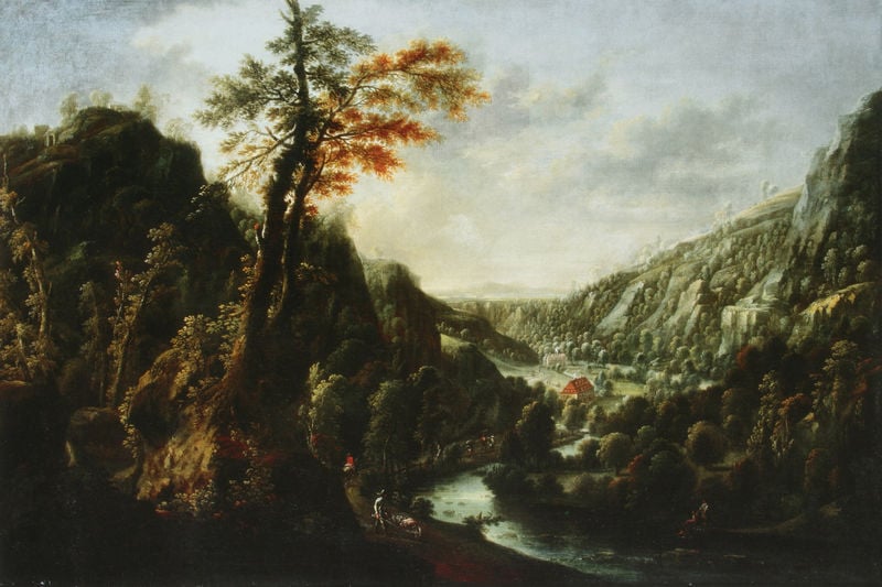 Der Plauensche Grund mit Buschmühle und Königsmühle. by Johann Alexander Thiele. 1747–1752. Motifs recorded: fluss, landschaft, haus, baum, wolken, river, himmel, tal.