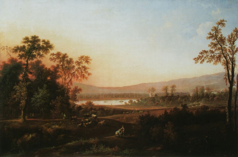 Blick auf die Lößnitz am Abend. by Johann Alexander Thiele. 1750. Motifs recorded: landschaft, see, bäume, abend, himmel, menschen, kühe, grün.