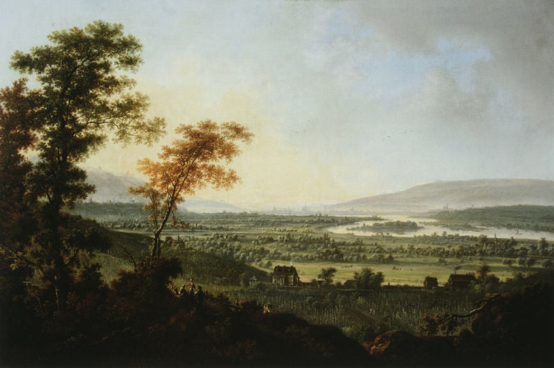 Blick von den Lößnitzhöhen auf Dresden. by Johann Alexander Thiele. 1751. Motifs recorded: landschaft, haus, hügel, bäume, menschen, fluss, baum, himmel.
