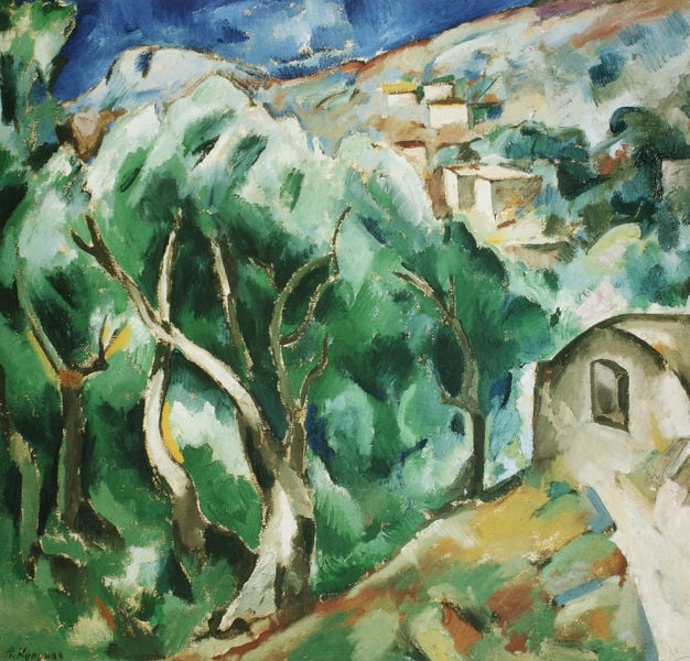 Olivenbäume. Mentone. by Aleksandr Kuprin. 1914. Motifs recorded: grün, baum, himmel, blau, bäume, häuser, dorf, fenster.