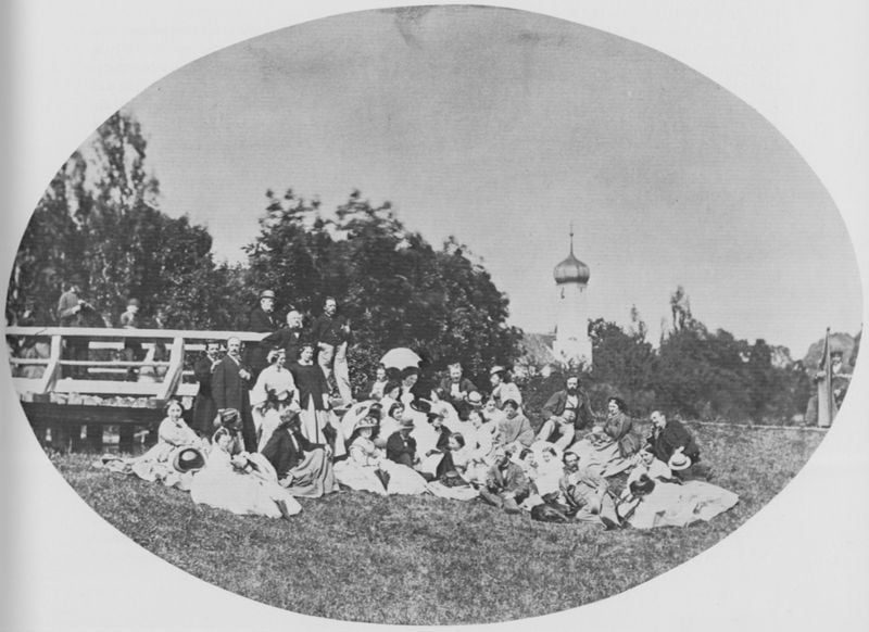 Betriebsausflug der Firma Albert. by Joseph Albert. 1850–1890. Motifs recorded: bridge, grass, trees, umbrella, men, people, tower, black and white.