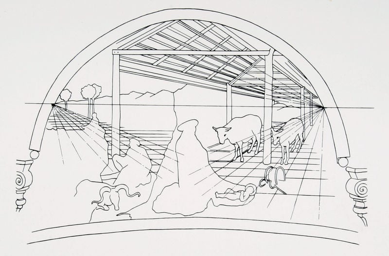 Anbetung des Kindes. by Paolo Uccello. 1437–1443. Motifs recorded: skizze, bäume, perspektive, zeichnung, bogen, esel, berge, entwurf.